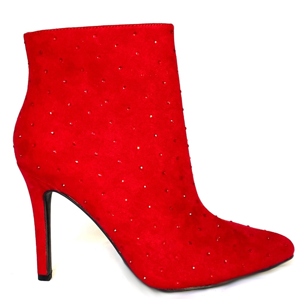 RED RHINESTONE POINTED TOE STILETTO ANKLE BOOTIE - SLIP PROOF BOTTOM